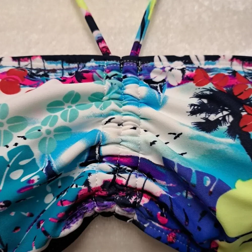 Ocean Pacific OP Bikini Swim Top Womens L Tropical Hawaiian Scene Halter Neck
